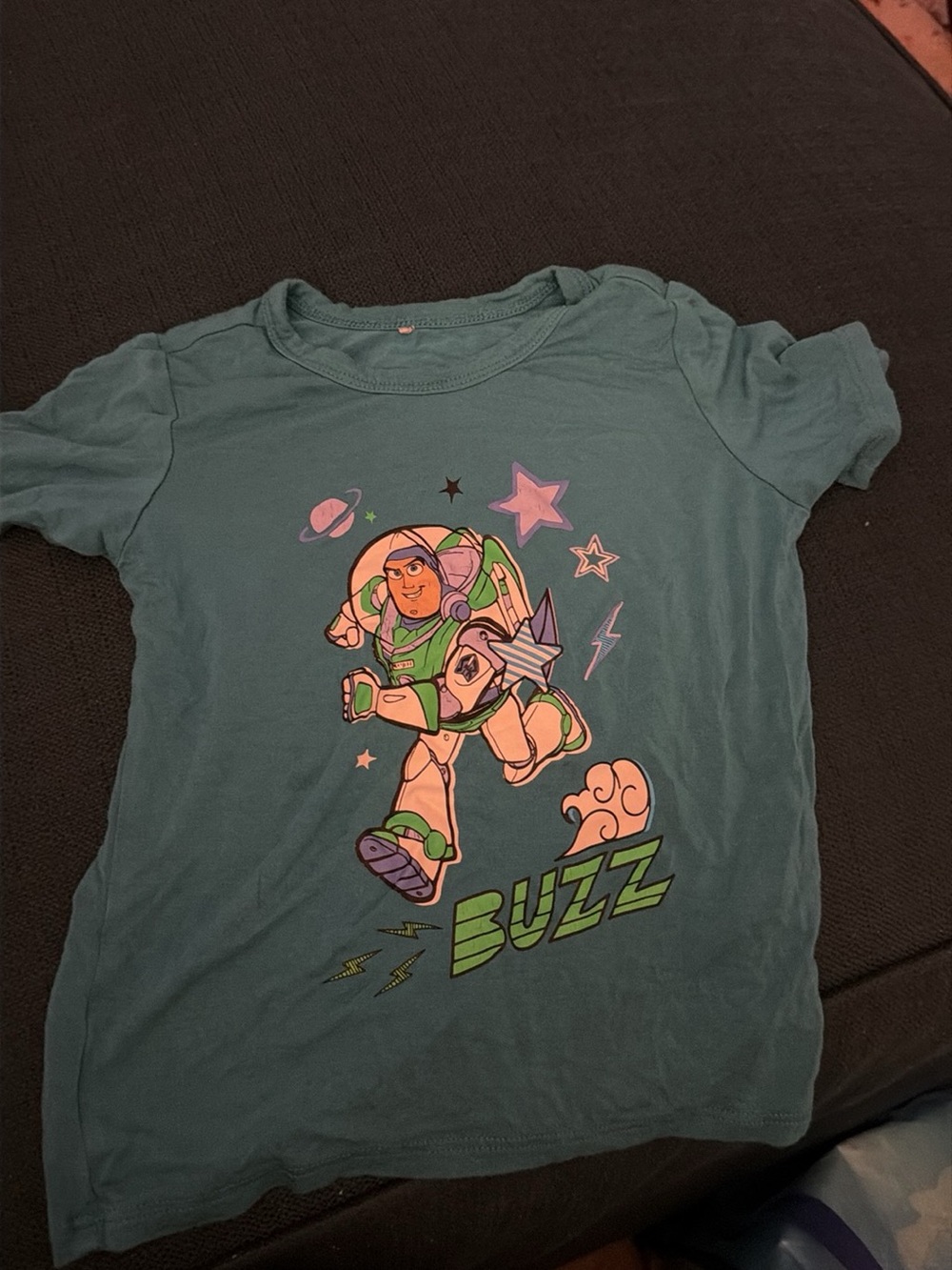 Posh Peanut teal kids tee with Buzz graphic